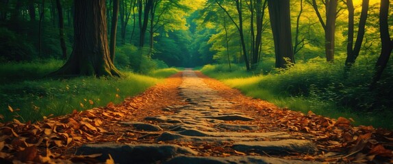 Serene Forest Pathway Surrounded By Lush Greenery And Autumn Leaves With Space For Text Overlay