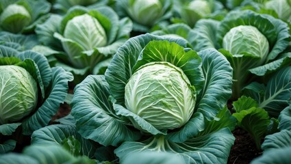 Obraz premium Vibrant Fresh Cabbage Plants in a Field Ready for Harvest with Lush Green Leaves and Space for Overlay Text