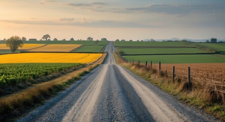 Tranquil Gravel Road Through Vibrant Agricultural Fields Under a Golden Sunset Sky