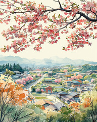 Serene Watercolor Illustration of Spring Landscape in Japan, Pastel Cherry Blossoms, Minimalist Town with Sightseeing Spot, Thin Black Outlines, Extra Wide Copy Space for Nursery Art