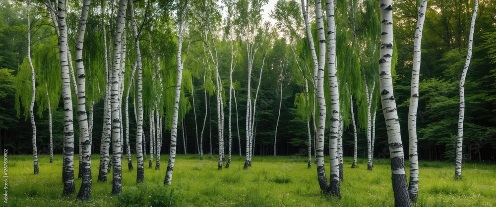 Aufkleber birch trees with white trunks in lush green summer forest landscape providing empty space for text o