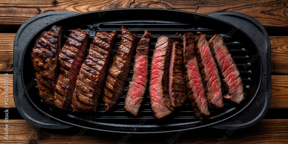 Aufkleber Grilled Beef Fillet Strips Displayed on a Plate with Wooden Background and Space for Custom Text or Branding