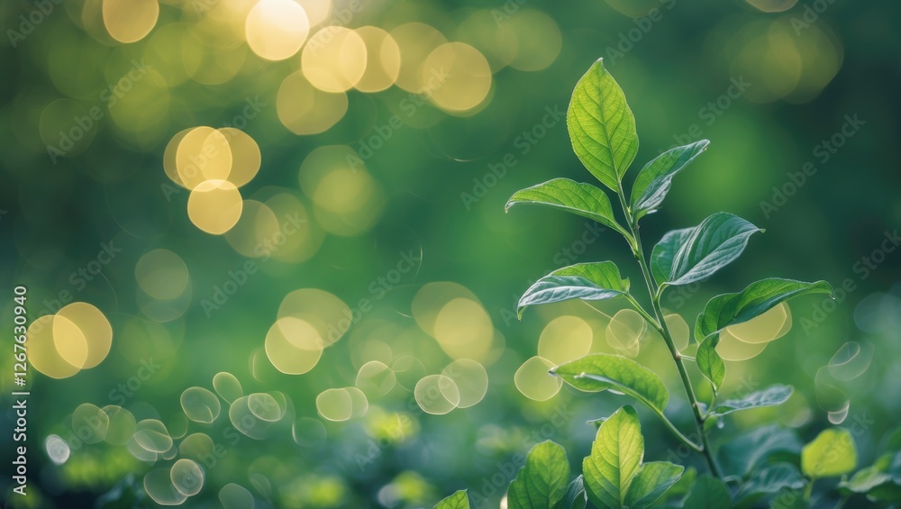 Leinwandbilder nature inspired bokeh background with lush green leaves and soft shimmering light for tranquil and f