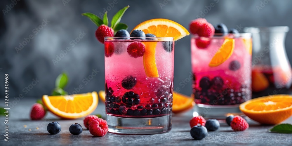 Poster berry citrus cocktail refreshing drink garnished with orange slices raspberries and blueberries on a