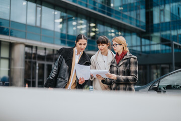 Three professional women stand together outdoors discussing documents, showcasing teamwork,...