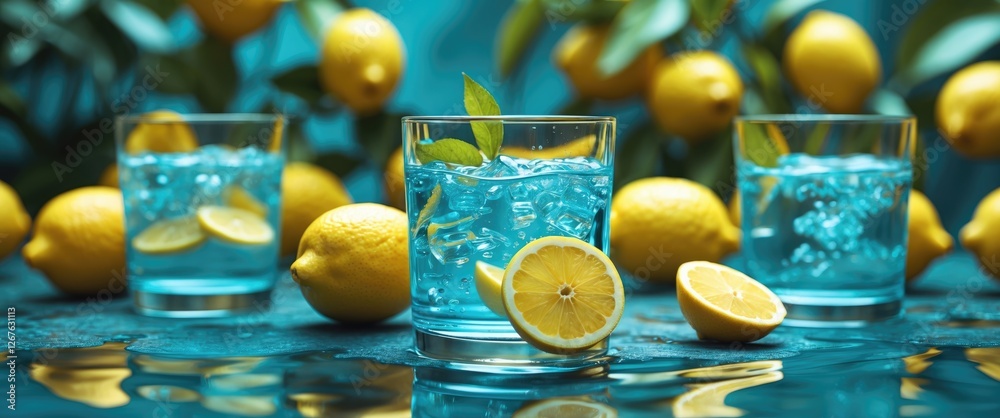 Poster refreshing glasses of water garnished with lemons and clear blue background for text placement and s
