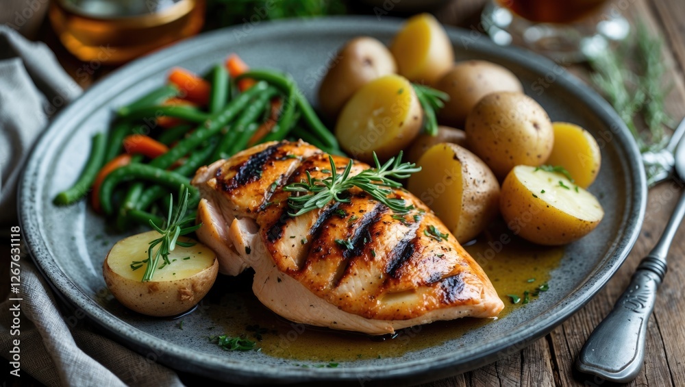 Poster grilled chicken breast served with potatoes and fresh vegetables on a rustic plate with empty space 