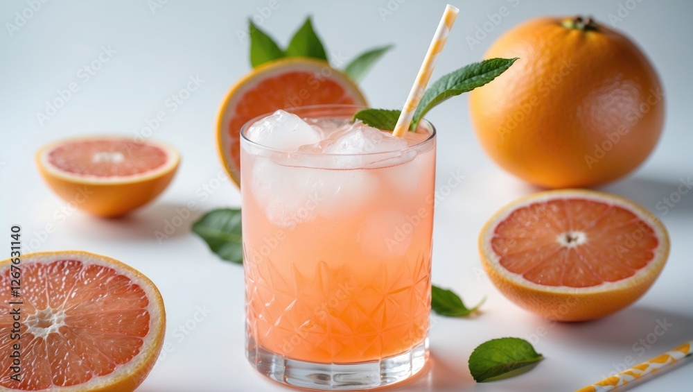 Poster refreshing grapefruit cocktail with mint and straw surrounded by fresh grapefruit halves on bright b