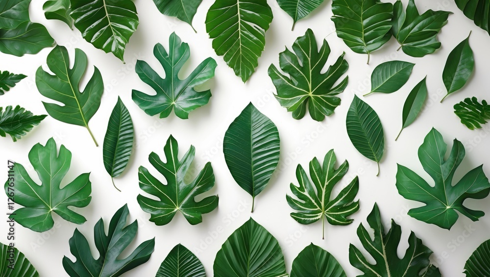 Poster Lush Green Leaves Flat Lay Pattern on White Background with Clipping Path and Space for Custom Text and Design Elements