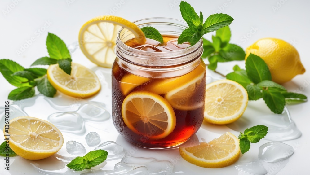 Poster refreshing iced tea in glass jar with lemon slices and mint leaves on white background ideal for sum