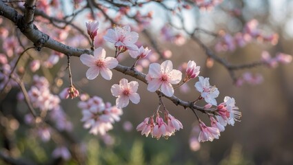Delicate Cherry Blossom Branch in Soft Focus Against a Nature Background Capturing the Beauty of Springtime Floral Blooms.