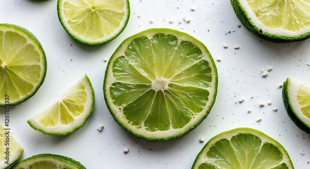 Aufkleber fresh green lime slices arranged on a white background showcasing vibrant food texture with ample co