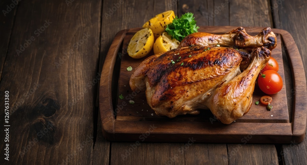 Poster Grilled Half Chicken Served on Wooden Platter with Fresh Lemon and Cherry Tomatoes on Rustic Table with Copy Space for Text