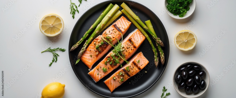 Poster grilled salmon slices with asparagus lemon and olives on black plate fresh ingredients on white back