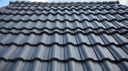 Gray textured tile roof pattern with waves and ridges creating a modern architectural design against a clear sky background.