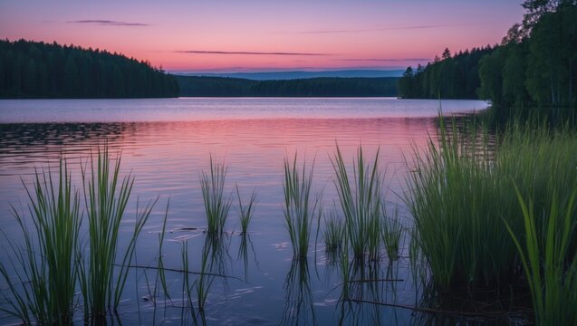 Tranquil Finnish summer night by a serene lake with pastel sunset colors and lush water grasses reflecting peaceful nature.