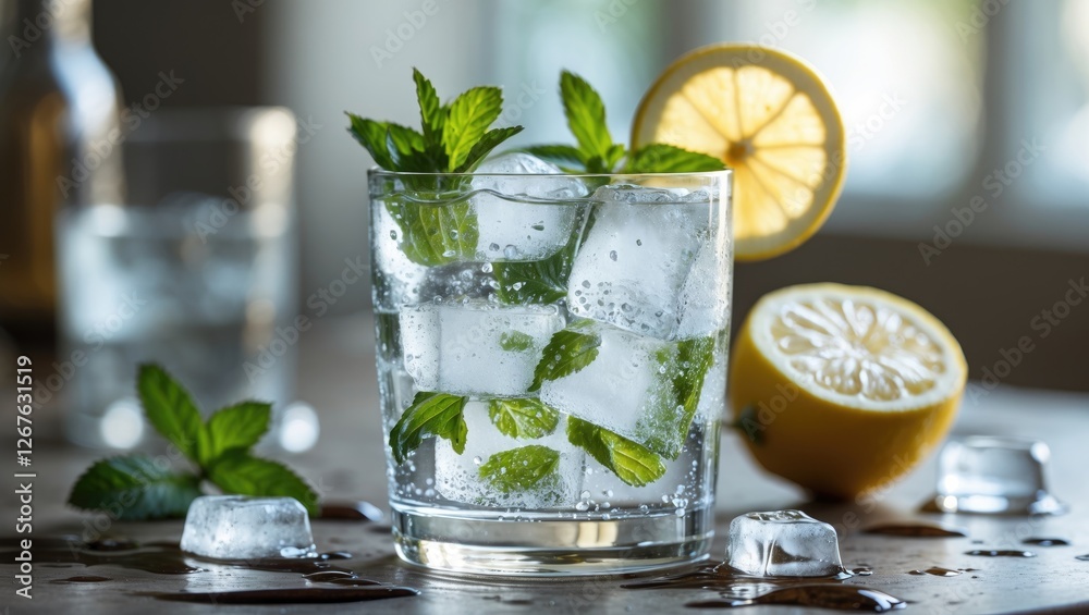 Aufkleber refreshing glass of soda water with ice mint and lemon garnish on a wooden surface with blurred back