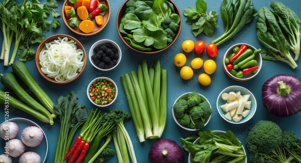 Poster vibrant selection of fresh green vegetables arranged in bowls and plates for a healthy vegetarian me