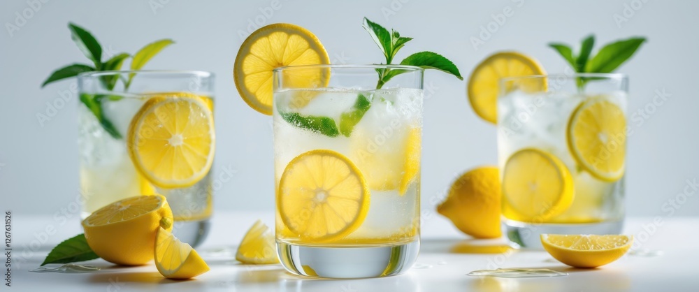 Aufkleber refreshing lemonade drinks with fresh lemon slices and mint leaves on white background ideal for sum