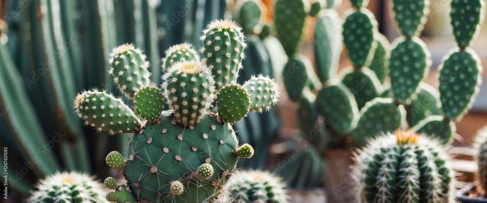 Aufkleber vibrant green cacti in a lush garden setting with natural light and blank space for text overlay