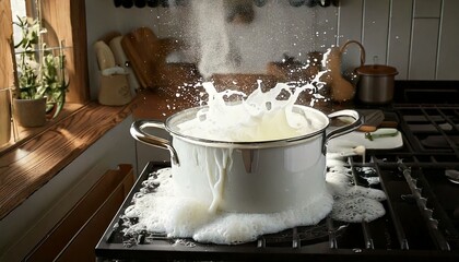 pot of boiling milk spilling out of the pot on the stove 