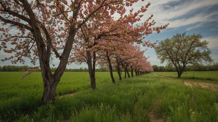 Fototapeta premium Blossoming Cherry Trees Aligned Along A Lush Green Grain Field Under A Cloudy Sky