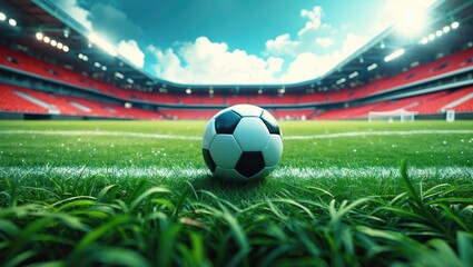 Naklejka premium Soccer Ball on Lush Green Grass Field in Modern Stadium with Bright Sky and Spectator Seats in Background