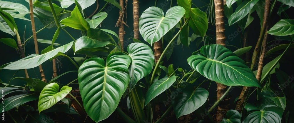 Fototapete lush green philodendron leaves creating a serene tropical background with space for text and design 