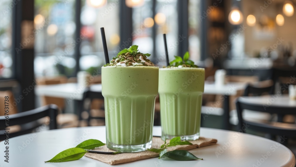 Poster Green Tea Smoothies in Tall Glasses on a White Table in a CafÃ© with Soft Lighting and Empty Space for Text or Advertising Message