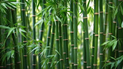 Lush Green Bamboo Forest with Vertical Stems and Leaves Creating a Natural Texture Background