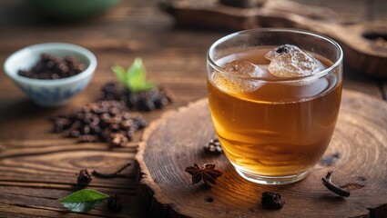 Refreshing Cold Tea in Glass on Rustic Wooden Table with Spices and Green Leaves