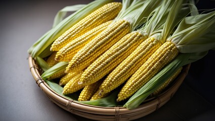 Freshly Harvested Sweet Corn in a Bamboo Basket with Green Husks on a Dark Background Ideal for Culinary or Farm-Themed Designs
