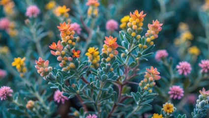 Obraz premium Vibrant Floral Background Featuring Euphorbia Multicolor Flickering Firefly Flowers With Space For Text And Design Elements