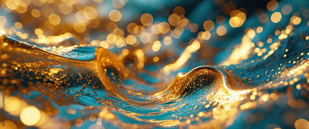 Poster Golden waves with bokeh effects creating a luxurious and dynamic abstract background suitable for various design applications.