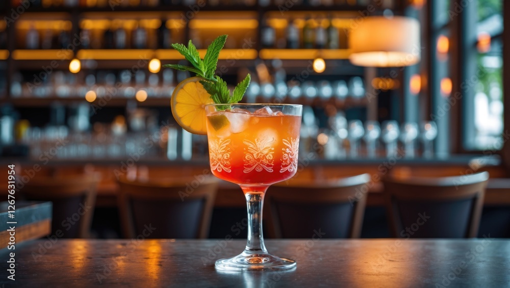 Poster Cocktail Glass With Garnish In A Trendy Restaurant Setting Empty Space For Text And Background Bokeh Creating A Warm Atmosphere