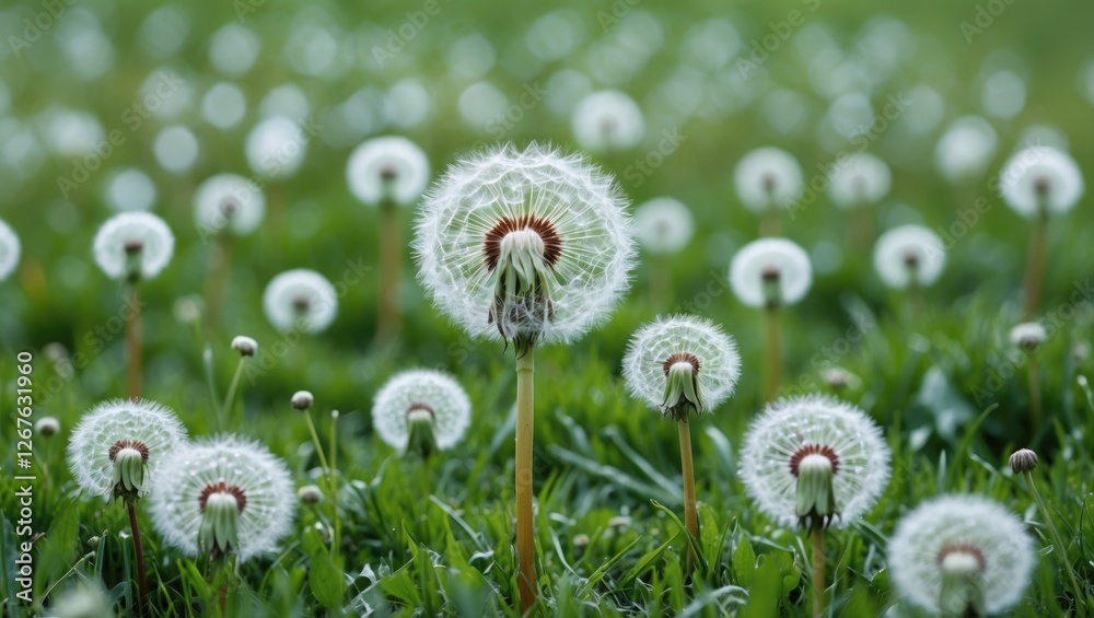 Aufkleber vibrant green field covered with white dandelion puffballs creating a serene natural background for 