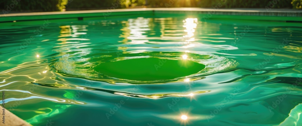 Poster luminous green pool water with sun reflections creating a serene atmosphere during a tranquil summer