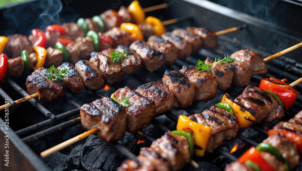 Poster grilled meat and vegetable skewers over charcoal fire with smoky background