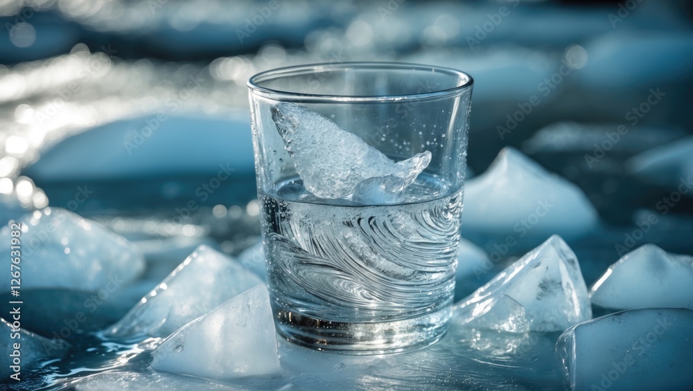 Poster Refreshing glass of water with ice cubes on a bed of crushed ice creating a cool and inviting beverage scene.