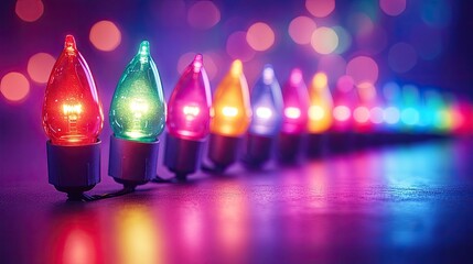 "Holiday Decorations and Festive Party Atmosphere with Colorful Christmas Lights on a Purple Background and Copy Space"