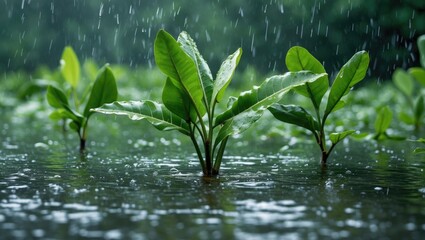 Lush green moringa leaves thriving in rainfall, symbolizing nature's resilience and vitality in a serene wetland environment.