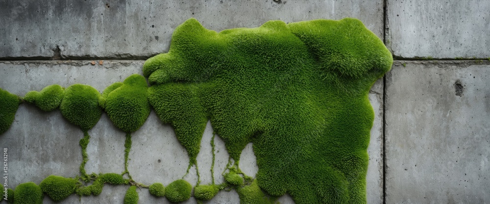 Poster Vibrant Green Moss Growth on a Textured Cement Wall With Space for Text or Design Integration in Nature Inspired Background
