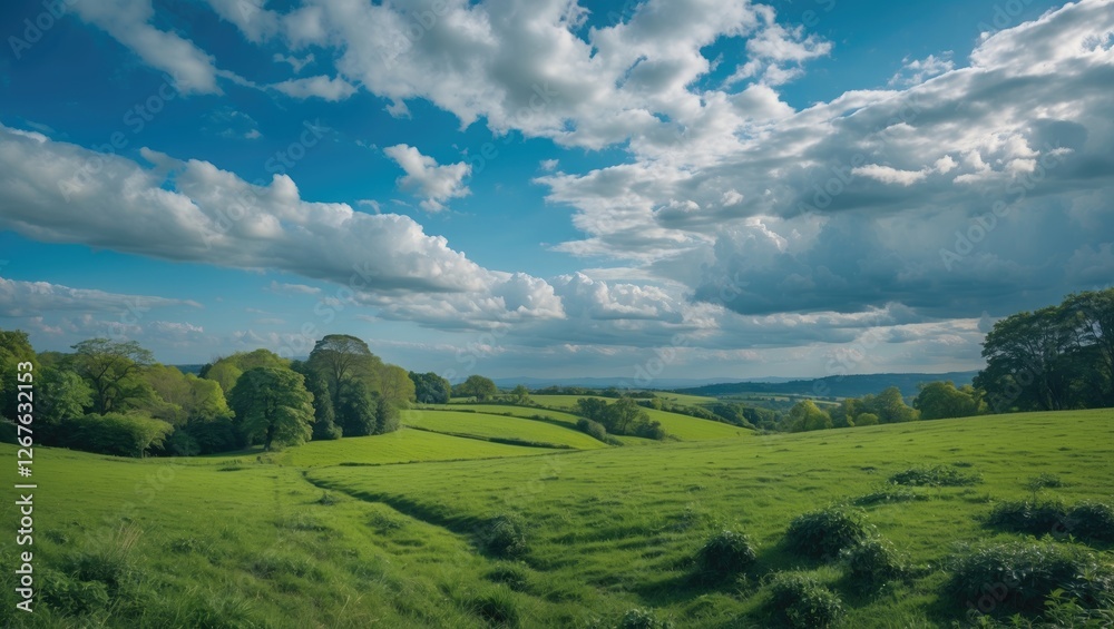 Poster vast green field under blue sky with fluffy clouds offering ample space for text and creative conten