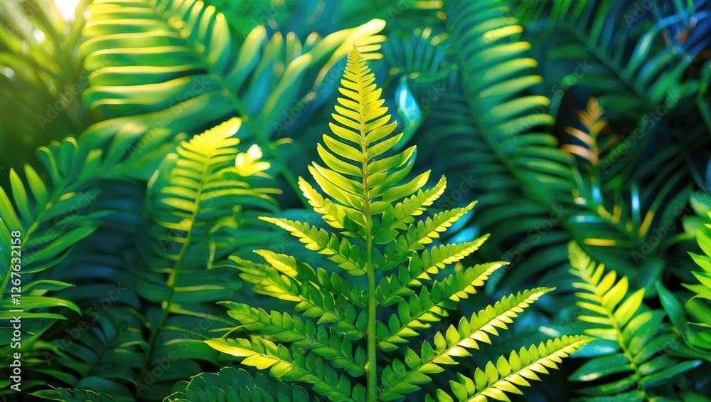 Aufkleber Lush Green Fern Leaves Background with Space for Text or Graphics in Natural Setting