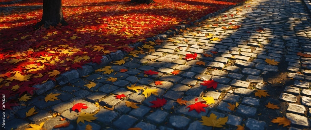 Poster autumn leaves on cobblestone pavement with shadows from trees creating a vibrant seasonal background