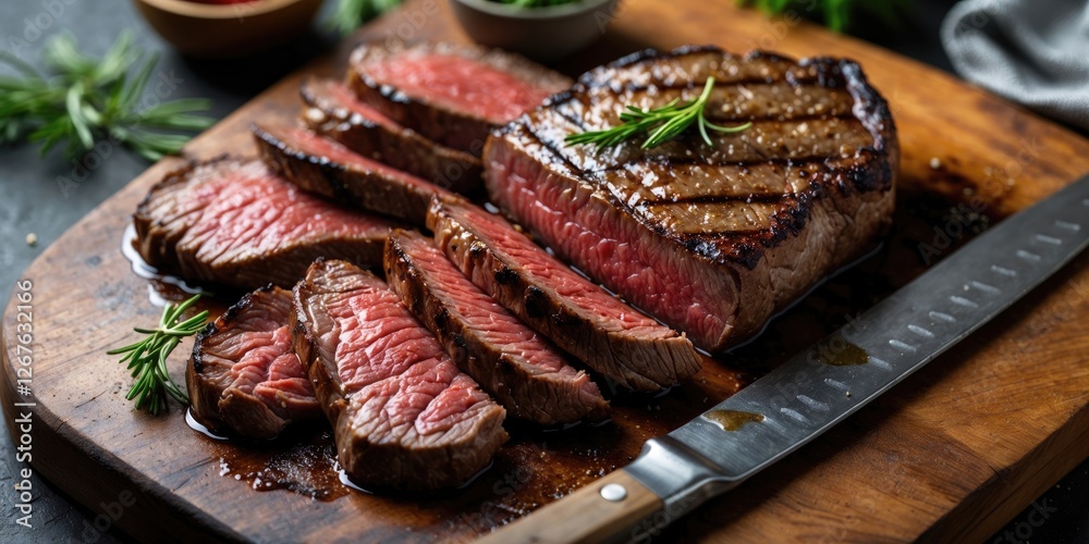 Poster sliced grilled beef striploin steak on wooden board with fresh herbs and empty space for text or bra