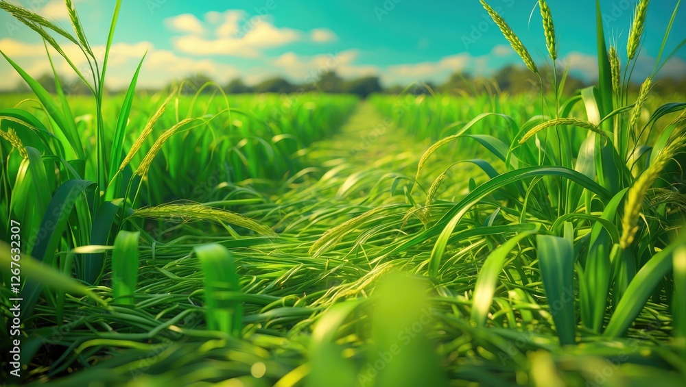 Aufkleber Lush green grass and crops under a sunny sky creating a vibrant agricultural landscape with a clear path through the fields.