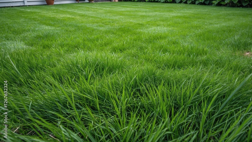 Poster lush green grass lawn in backyard with clear space for text and design elements perfect for landscap