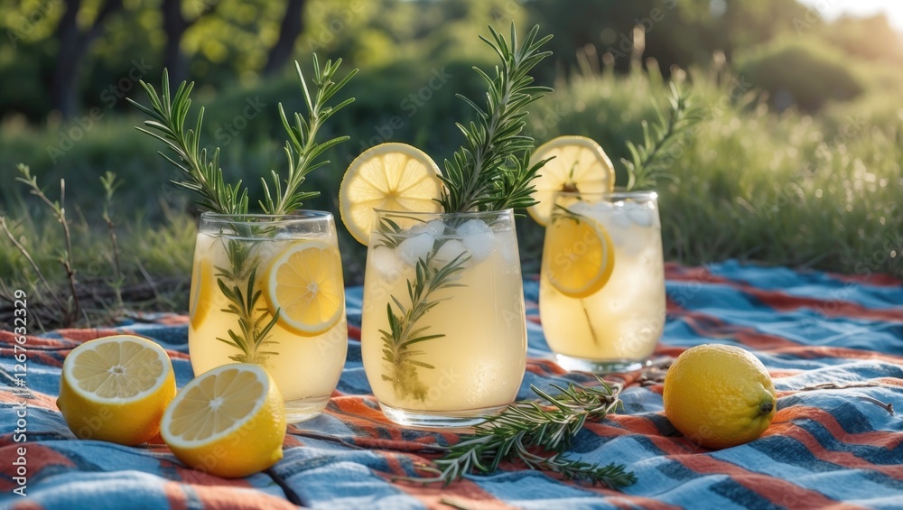 Poster Refreshing summer lemonade glasses garnished with rosemary on a picnic blanket in nature with a serene atmosphere and empty space for text.