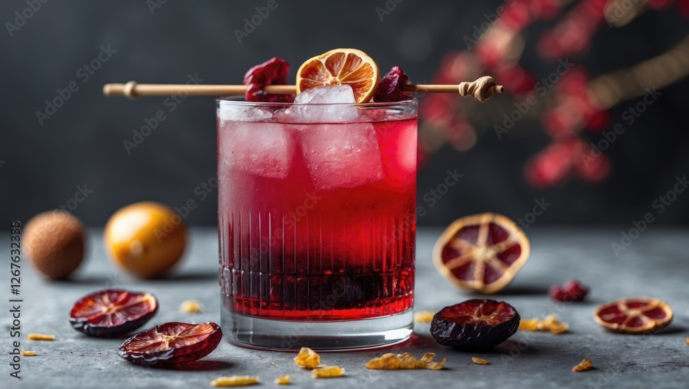 Poster Refreshing Red Cocktail Garnished with Dried Fruits and Ice on a Dark Background with Space for Text or Branding.